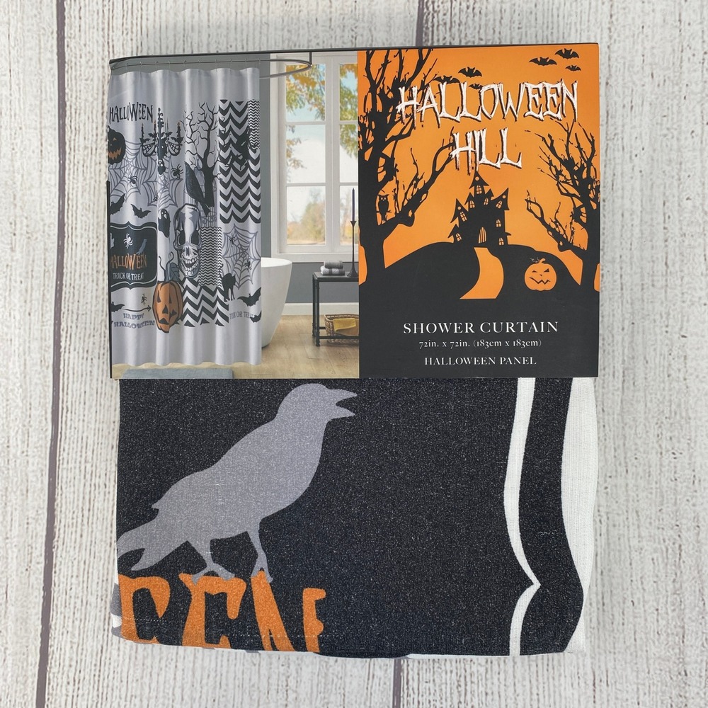 Halloween Hill Shower Curtain Skull Pumpkin Raven Spooky Black Orange Goth